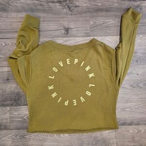 Women's XS PINK Victoria's Secret Olive Oversized Vneck Sweatshirt Fall Cozycore